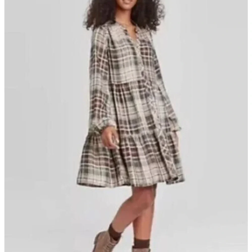 KNOX ROSE WOMEN'S PLAID PUFF LONG SLEEVE SHIRTDRESS - BROWN PLAID NEW WITH
